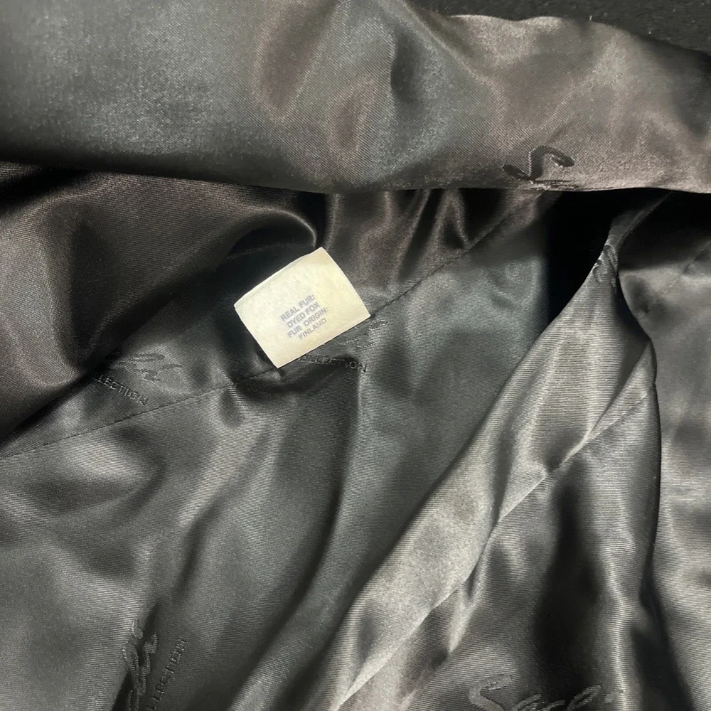 Sachi Collection Black Cashmere Blend women's Coat Size PL  Finland Fox Fur Trim - Picture 12 of 15